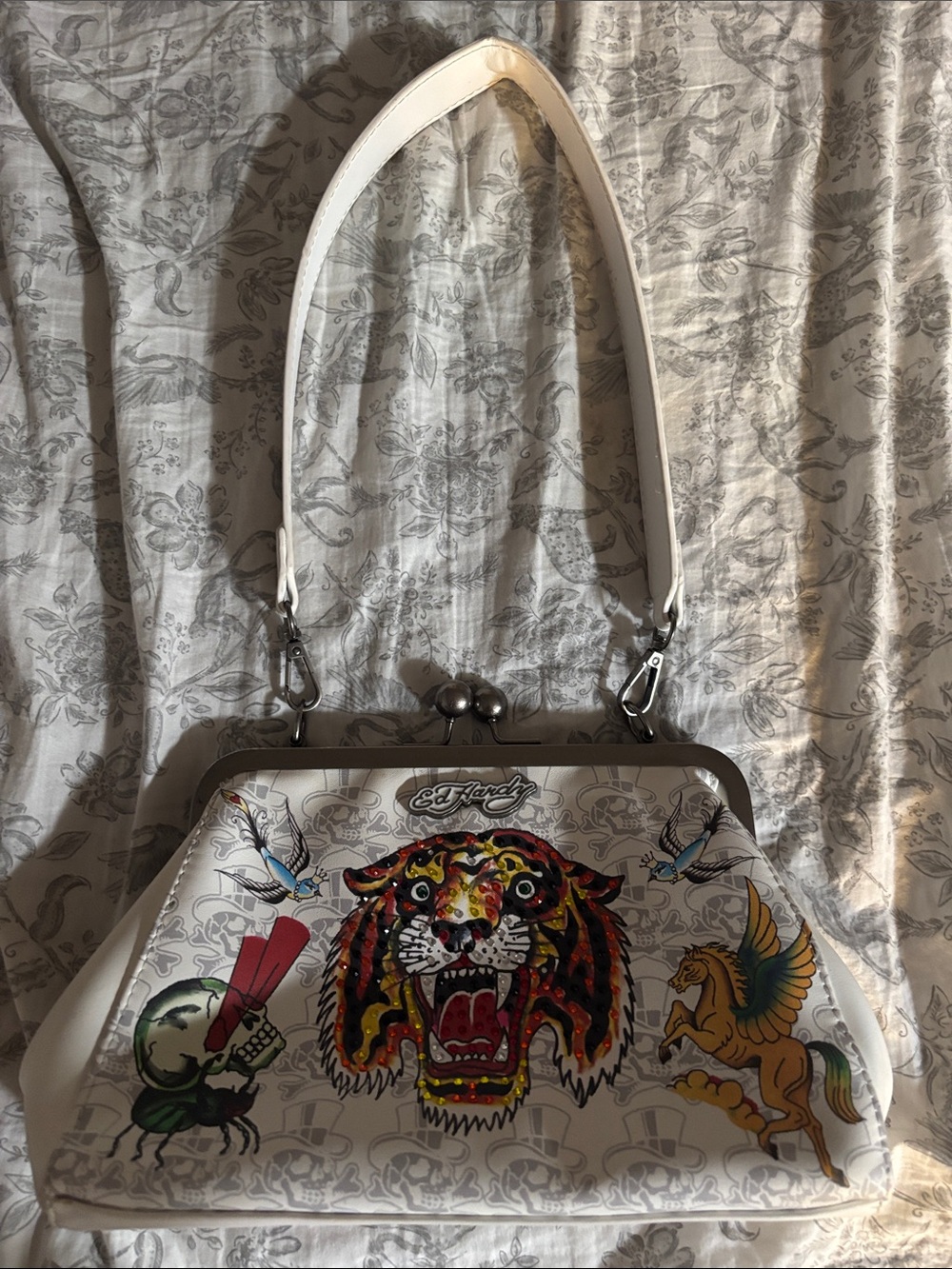 Ed Hardy White Shoulder Bag with Rhinestone Tiger